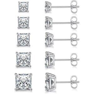 Cubic zirconia stud earrings set 5 pairs square cut gold hypoallergenic